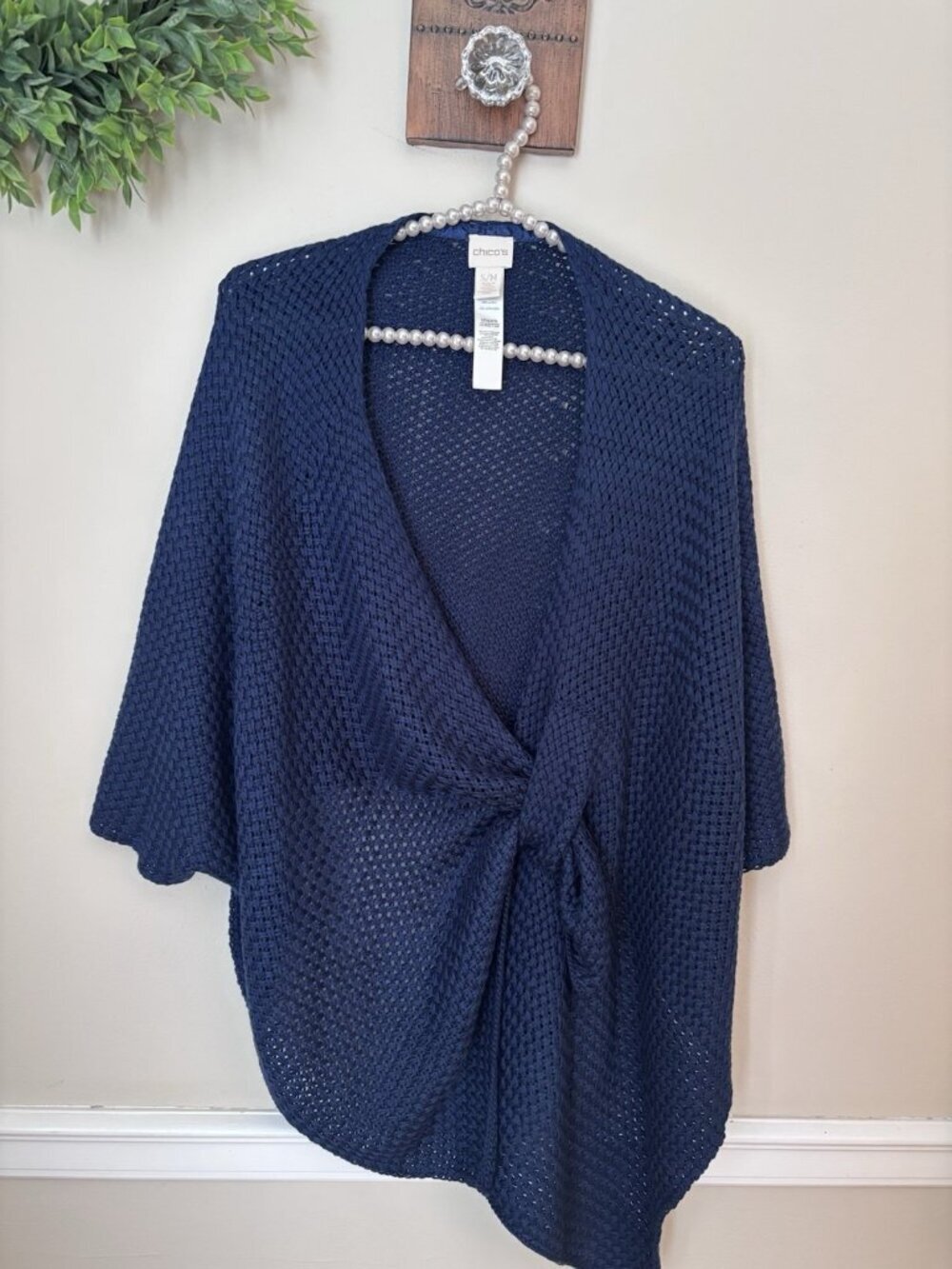 Chicos Womens Size S/M Basket Weave Pull Thru Sweater Shrug Wrap Blue